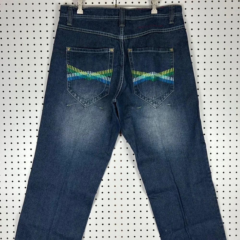 Southpole Baggy Jean 36x30 Blue Denim Colorful Stitched Back Pockets Skater RARE
